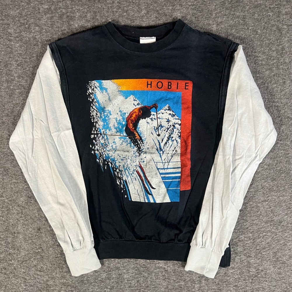 Vintage 80s Hobie Long Sleeve Skier Graphic Shirt Black White Mens Medium